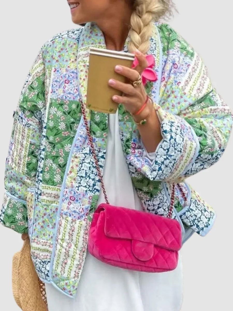 Printed Patchwork Open Front Cardigan with Pockets - minbolu -