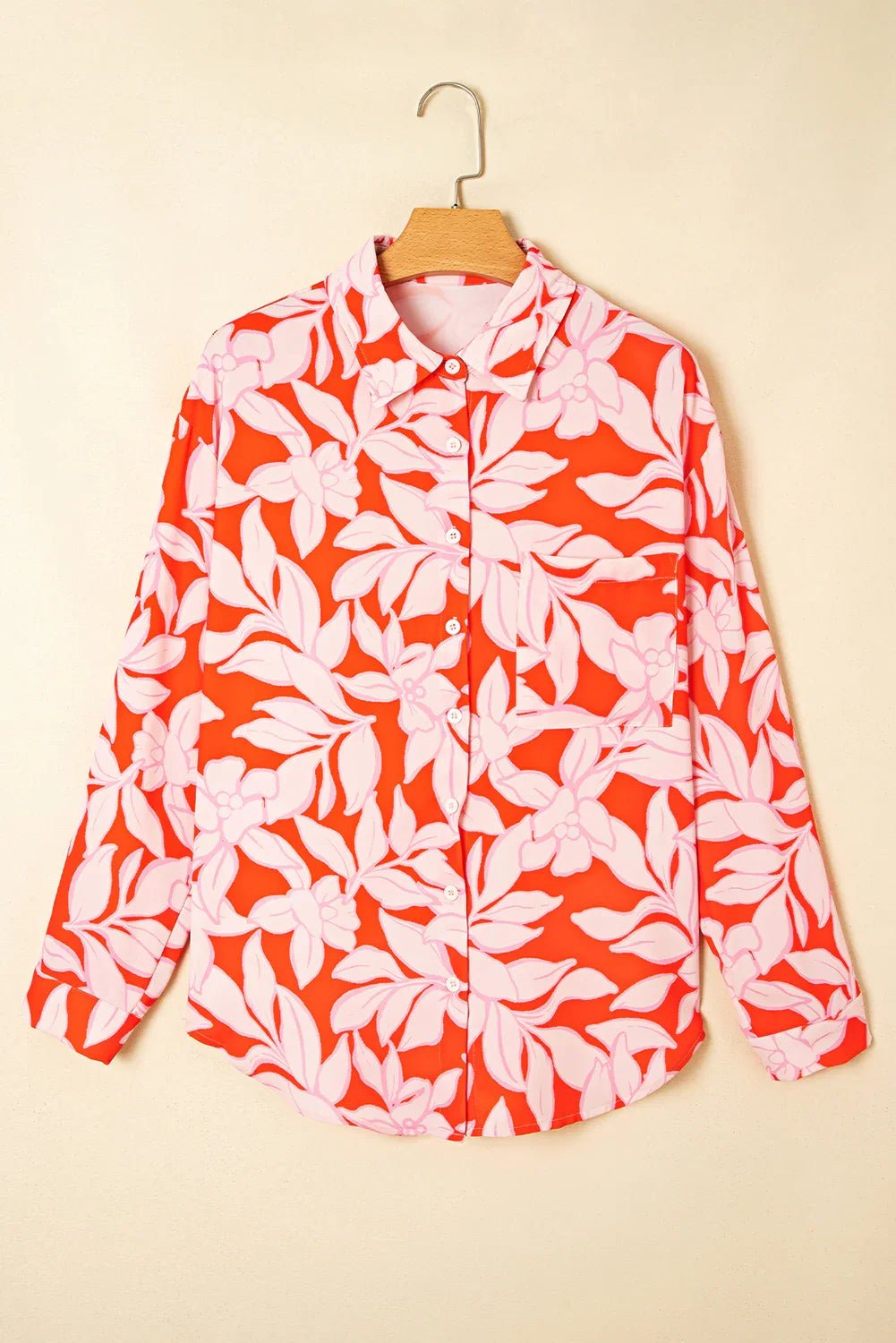 Orange Botanical Print Floral Button - Up Shirt with Chest Pocket - minbolu