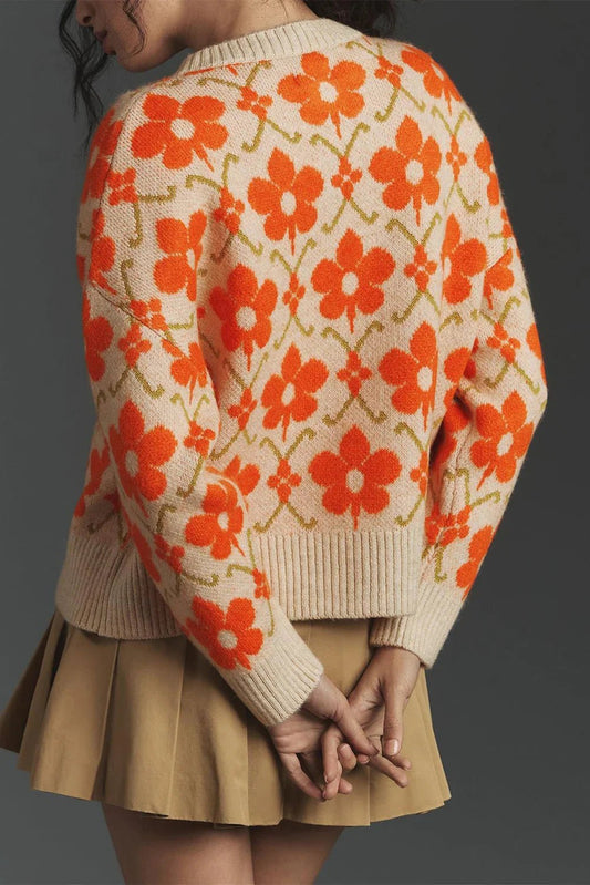 Orange Floral Button Round Neck Knit Cardigan - minbolu -