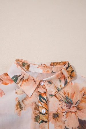 Orange Floral Puff Sleeve Lightweight Shirt - minbolu -