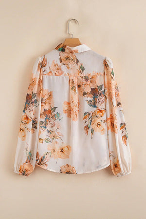 Orange Floral Puff Sleeve Lightweight Shirt - minbolu -