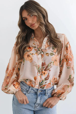 Orange Floral Puff Sleeve Lightweight Shirt - minbolu -