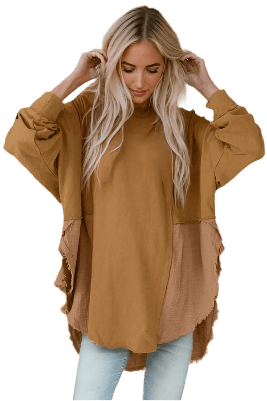 Oversized Boho Blouse with Contrast Textures - minbolu -