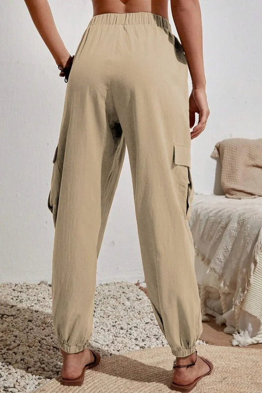 Pale Khaki Solid Color Pocket Cargo Pants - minbolu -