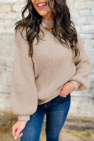 Parchment Mixed Texture Patchwork Knitted Lantern Sleeve Sweater - minbolu -