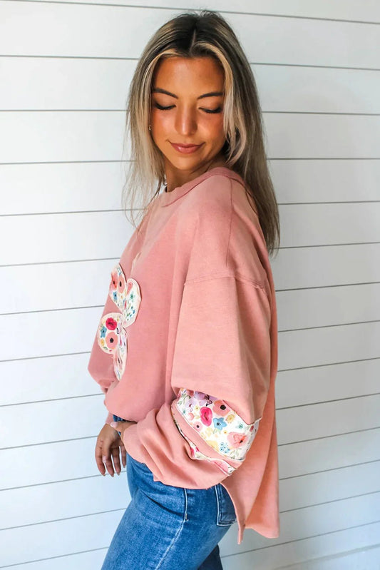 Peach Blossom Flower Applique Patchwork Drop Sleeve Pullover Sweatshirt - minbolu -