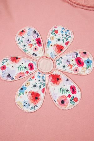 Peach Blossom Flower Applique Patchwork Drop Sleeve Pullover Sweatshirt - minbolu -