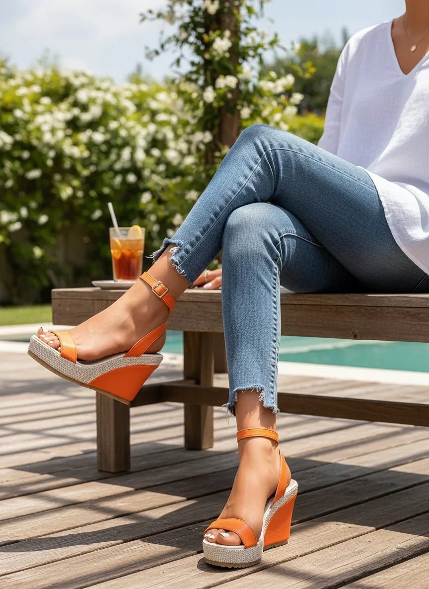 Platform Wedge Sandals with Ankle Strap - Comfortable High Heel - minbolu