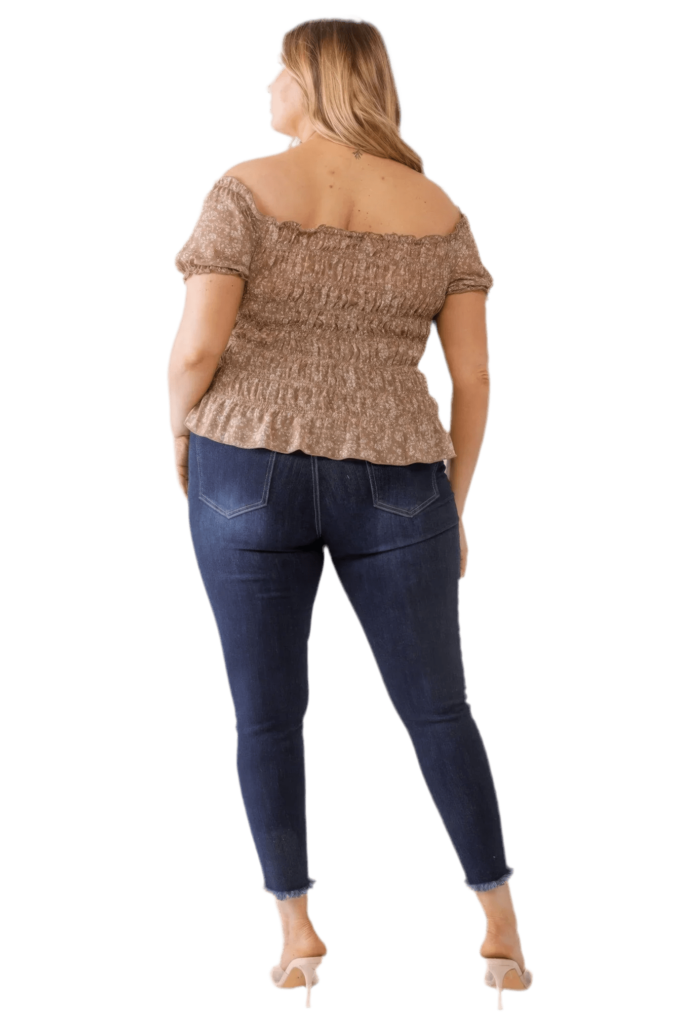 Plus Floral Chiffon Ruched Off-Shoulder Top - Mocha - minbolu -