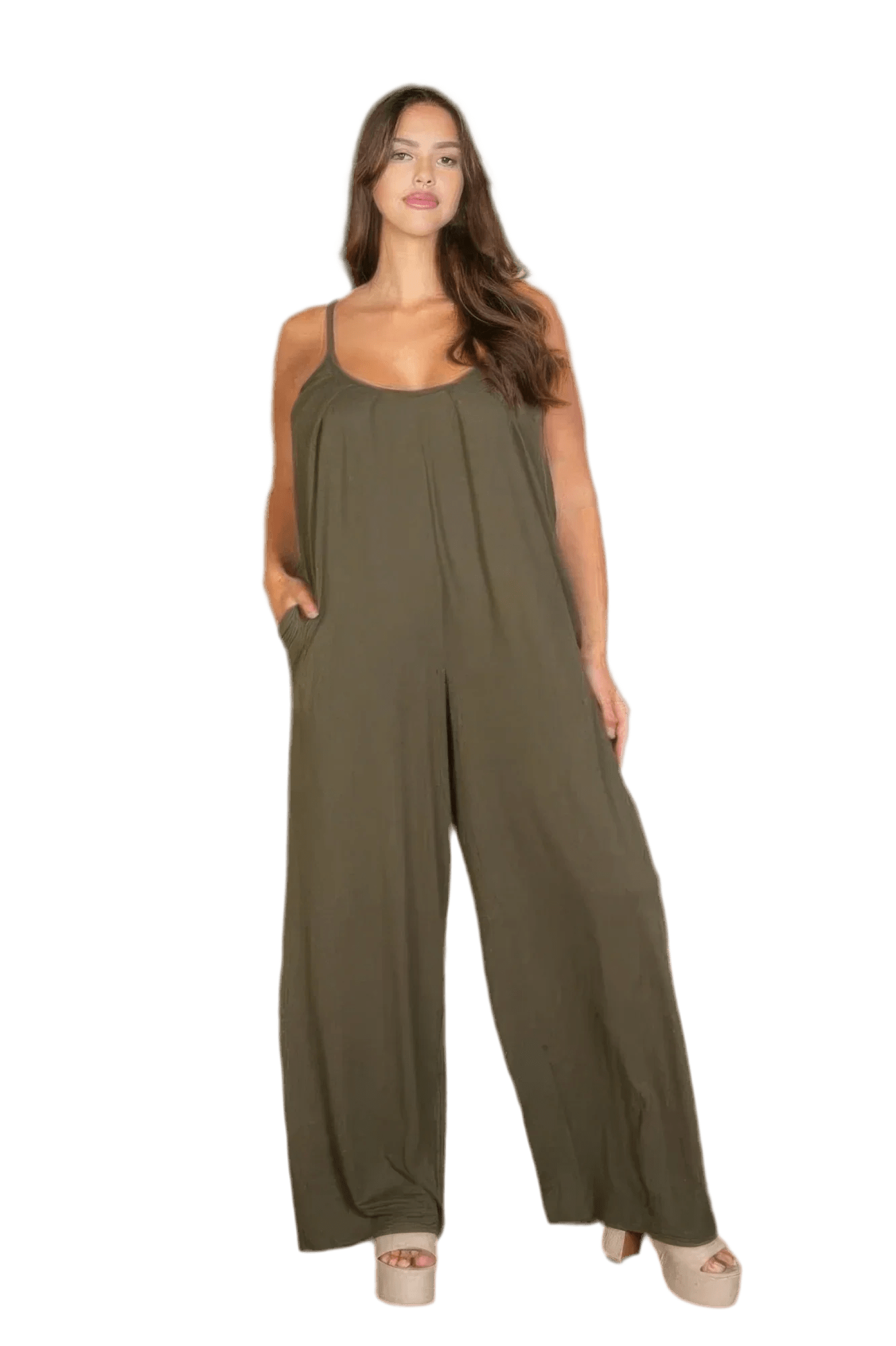 Plus Olive Wide Leg Jumpsuit - Relaxed Fit - minbolu