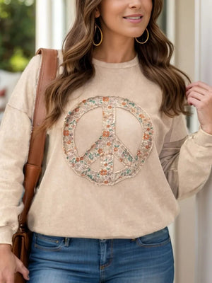 Plus Size Boho Peace Sign Sweatshirt - Long Sleeve Bohemian Top 1XL-4XL - minbolu -