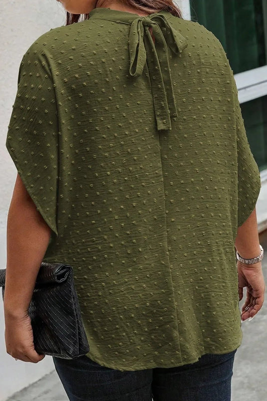 Plus Size Swiss Dot Tied Mock Neck Blouse - minbolu -