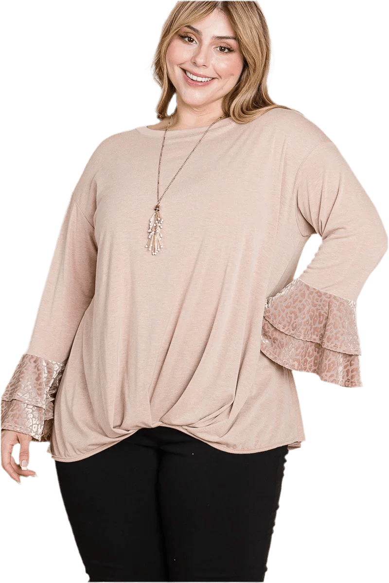 Plus Size Two Tier Velvet Animal Mesh Sleeves Top - minbolu