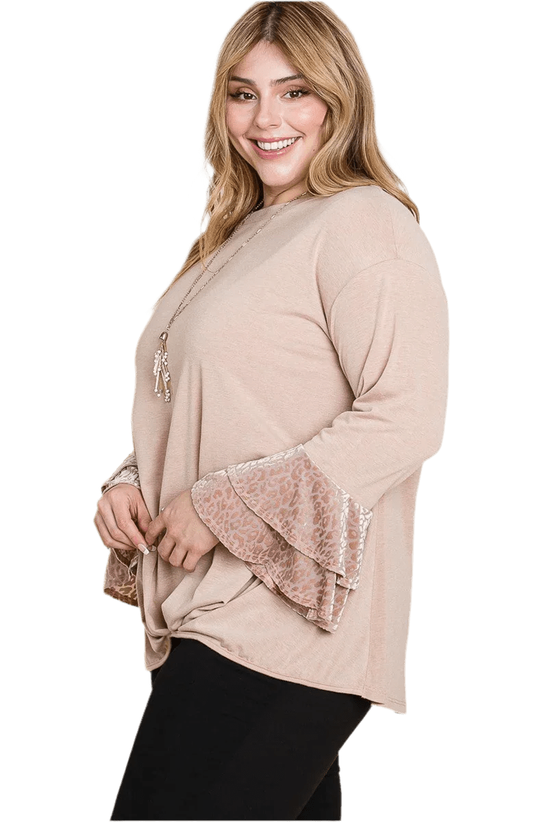 Plus Size Two Tier Velvet Animal Mesh Sleeves Top - minbolu
