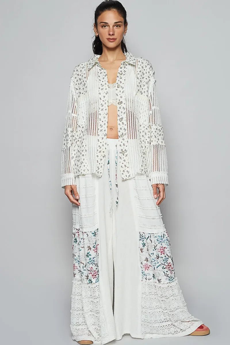 POL Floral Crochet Patchwork Long Sleeve Shirt - minbolu