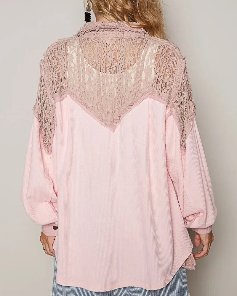 POL Lace Patchwork Button Up Shacket - minbolu