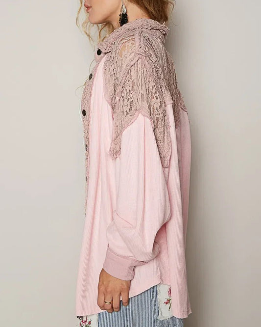 POL Lace Patchwork Button Up Shacket - minbolu -