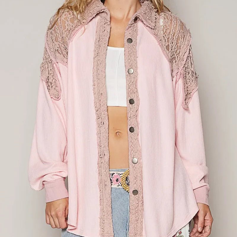 POL Lace Patchwork Button Up Shacket - minbolu