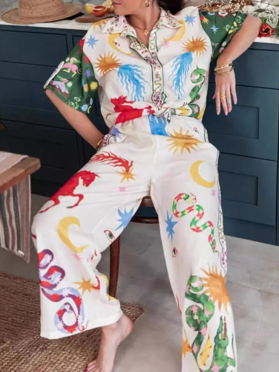 Printed Half Sleeve Shirt and Pants Set - minbolu -