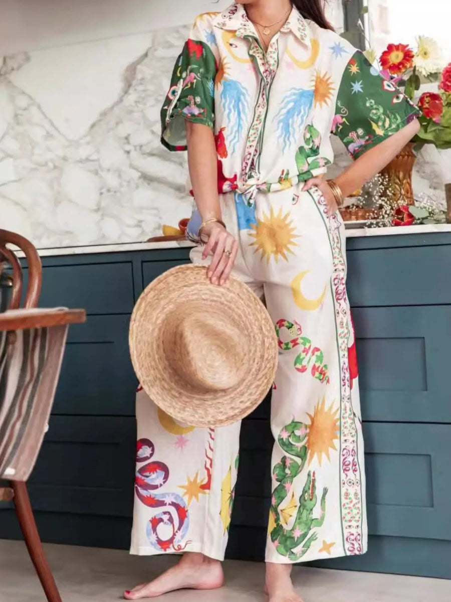 Printed Half Sleeve Shirt and Pants Set - minbolu -