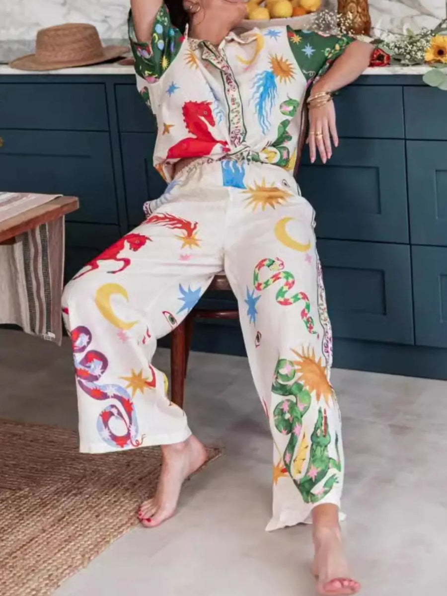 Printed Half Sleeve Shirt and Pants Set - minbolu -