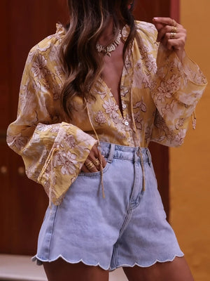 Printed Tie Neck Flounce Sleeve Blouse - minbolu -