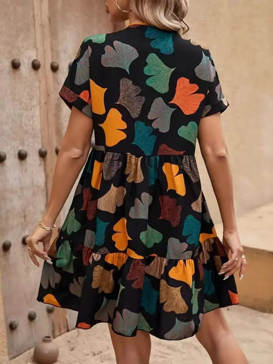 Printed V-neck Short Sleeve Boho Mini Dress - minbolu -