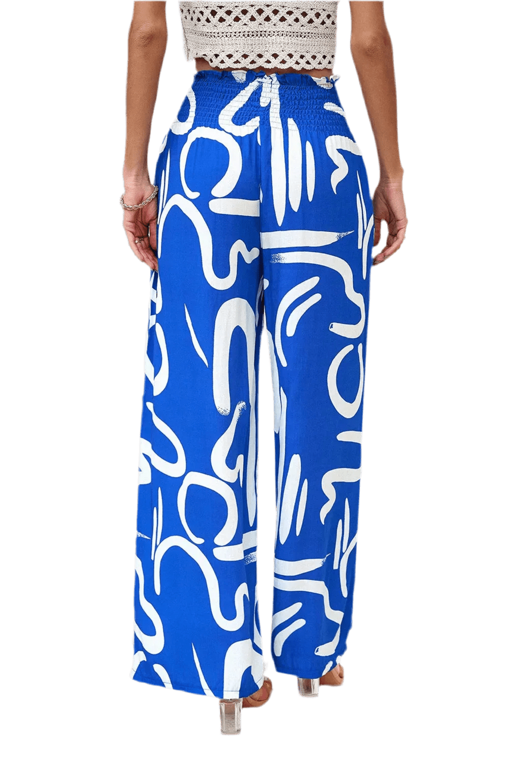 Printed Wide Leg Smocked Pants with Pockets - minbolu -