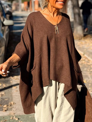 Ribbed Hem V-Neck Sweater - minbolu -