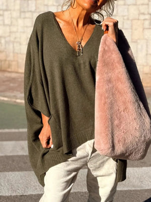 Ribbed Hem V-Neck Sweater - minbolu -