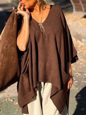 Ribbed Hem V-Neck Sweater - minbolu -