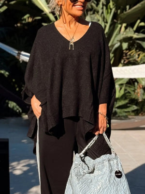 Ribbed Hem V-Neck Sweater - minbolu -