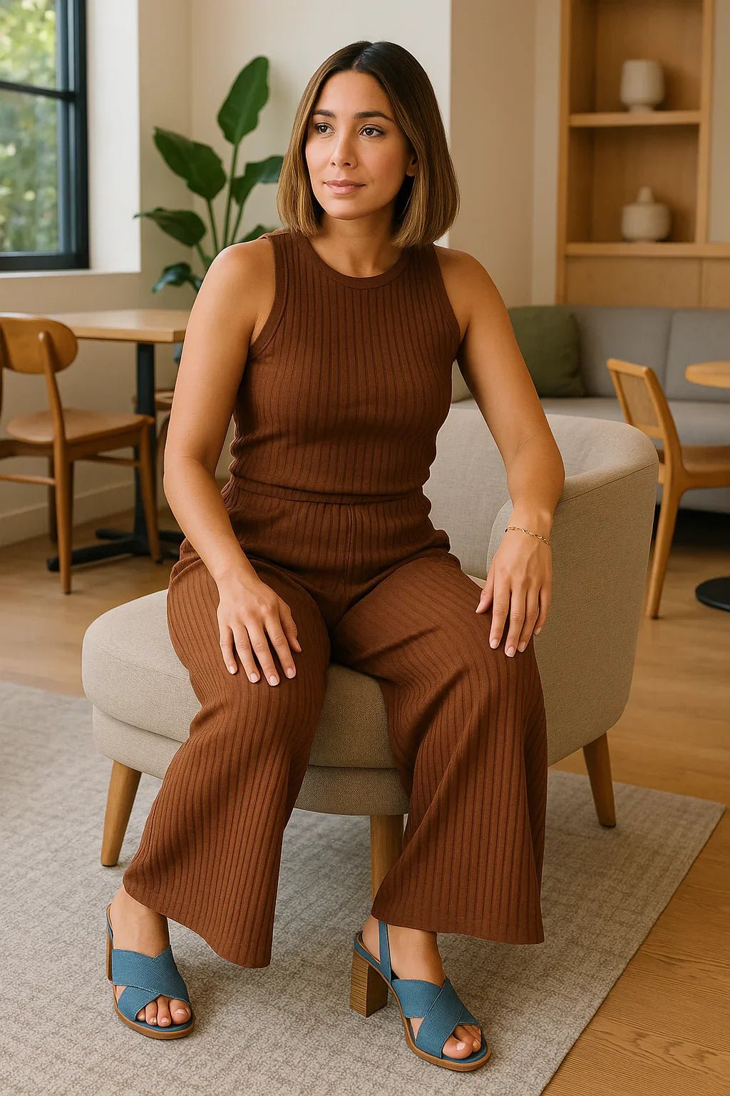 Ribbed Tank Top & Wide Leg Pants Set - Comfortable Two - Piece Outfit - minbolu