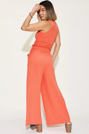 Ribbed Tank Top & Wide Leg Pants Set - Comfortable Two-Piece Outfit - minbolu -