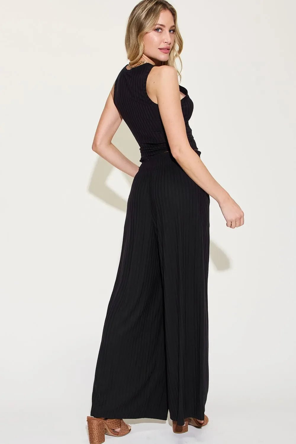 Ribbed Tank Top & Wide Leg Pants Set - Comfortable Two - Piece Outfit - minbolu