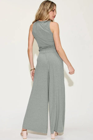 Ribbed Tank Top & Wide Leg Pants Set - Comfortable Two-Piece Outfit - minbolu -