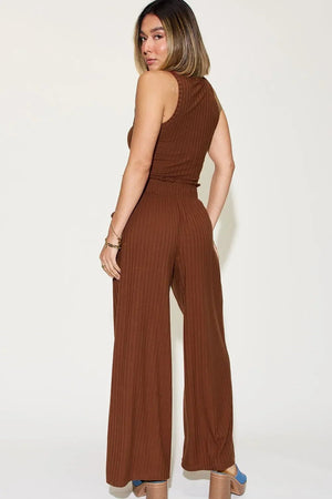 Ribbed Tank Top & Wide Leg Pants Set - Comfortable Two-Piece Outfit - minbolu -