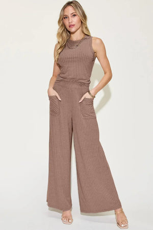 Ribbed Tank Top & Wide Leg Pants Set - Comfortable Two-Piece Outfit - minbolu -