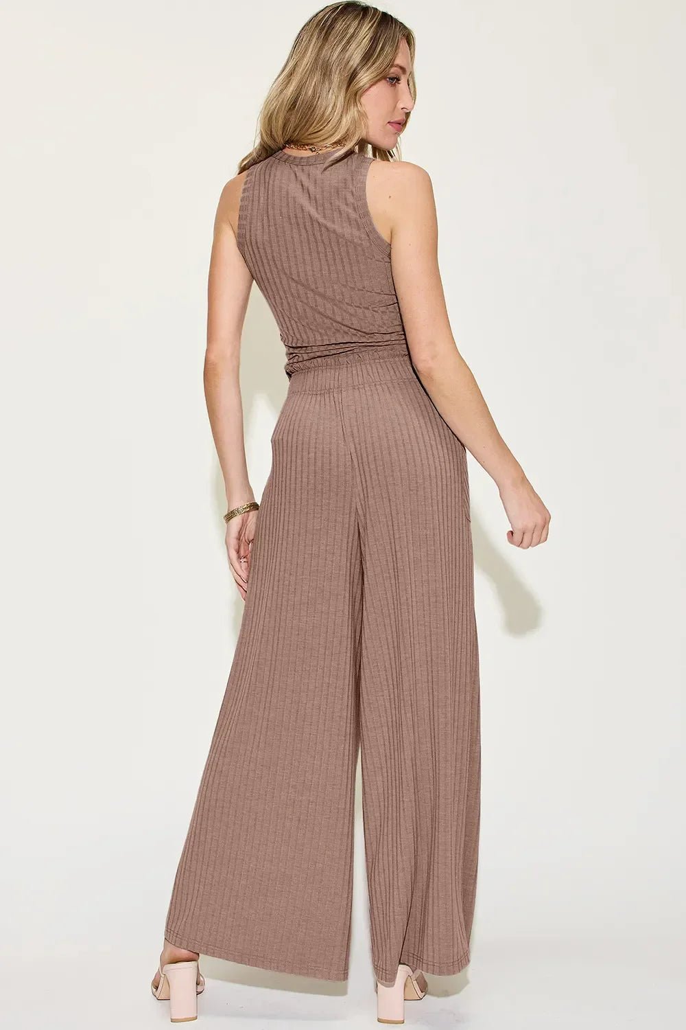 Ribbed Tank Top & Wide Leg Pants Set - Comfortable Two - Piece Outfit - minbolu