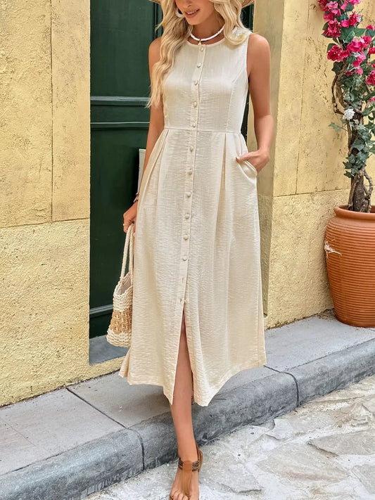 Round Neck Sleeveless Midi Dress - minbolu -