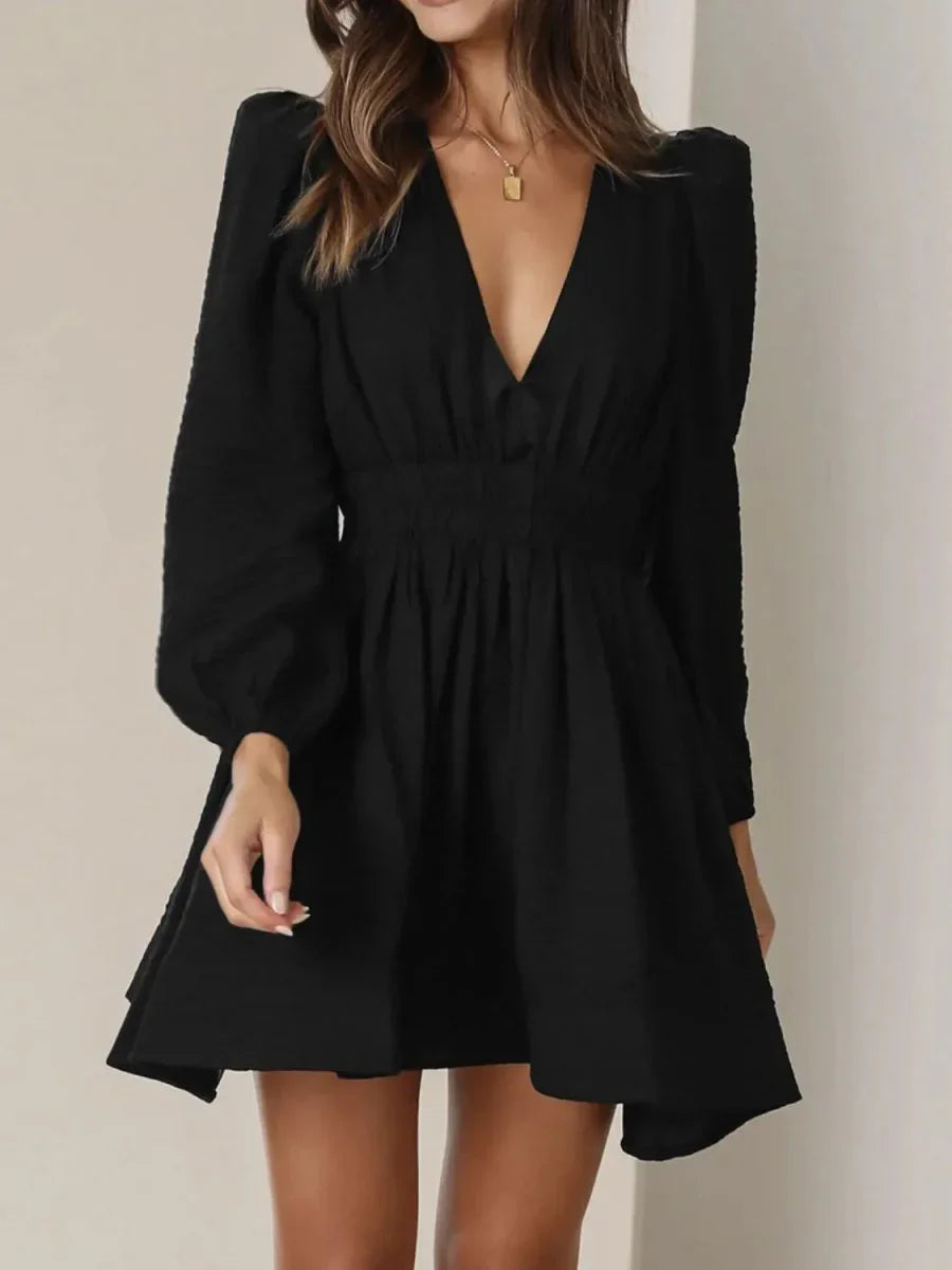 Ruched V-Neck Balloon Sleeve Mini Dress - minbolu -