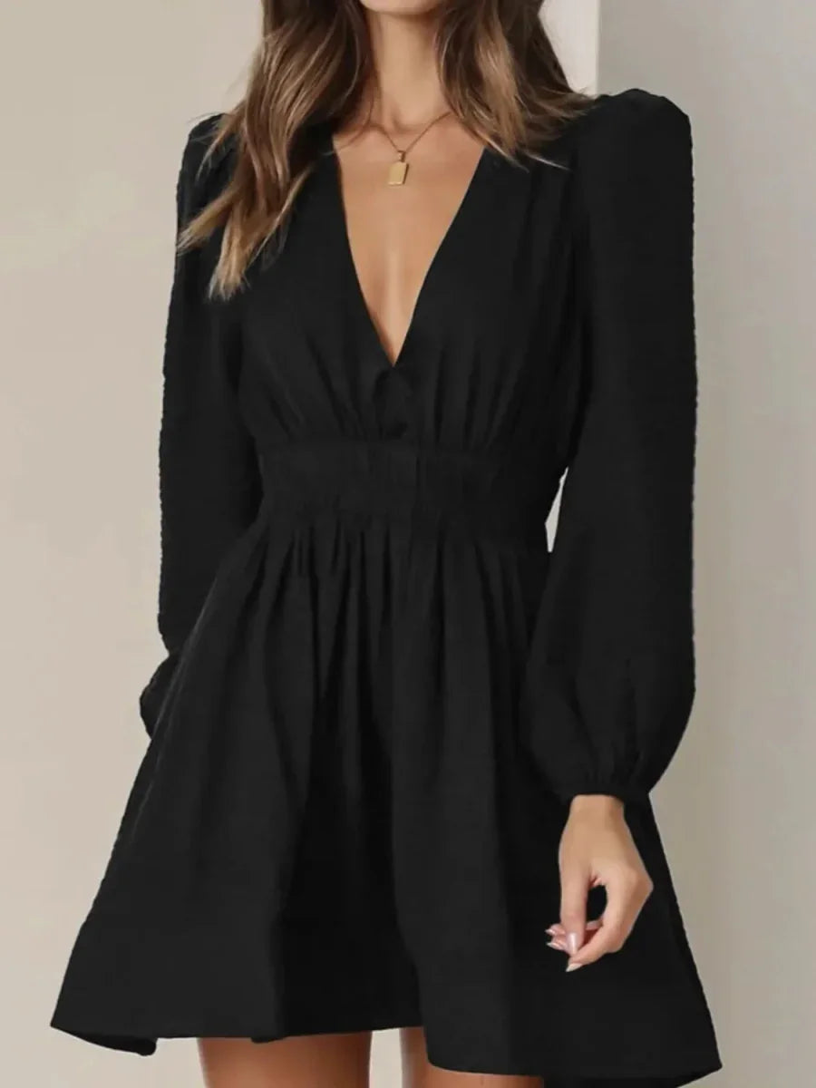 Ruched V-Neck Balloon Sleeve Mini Dress - minbolu -
