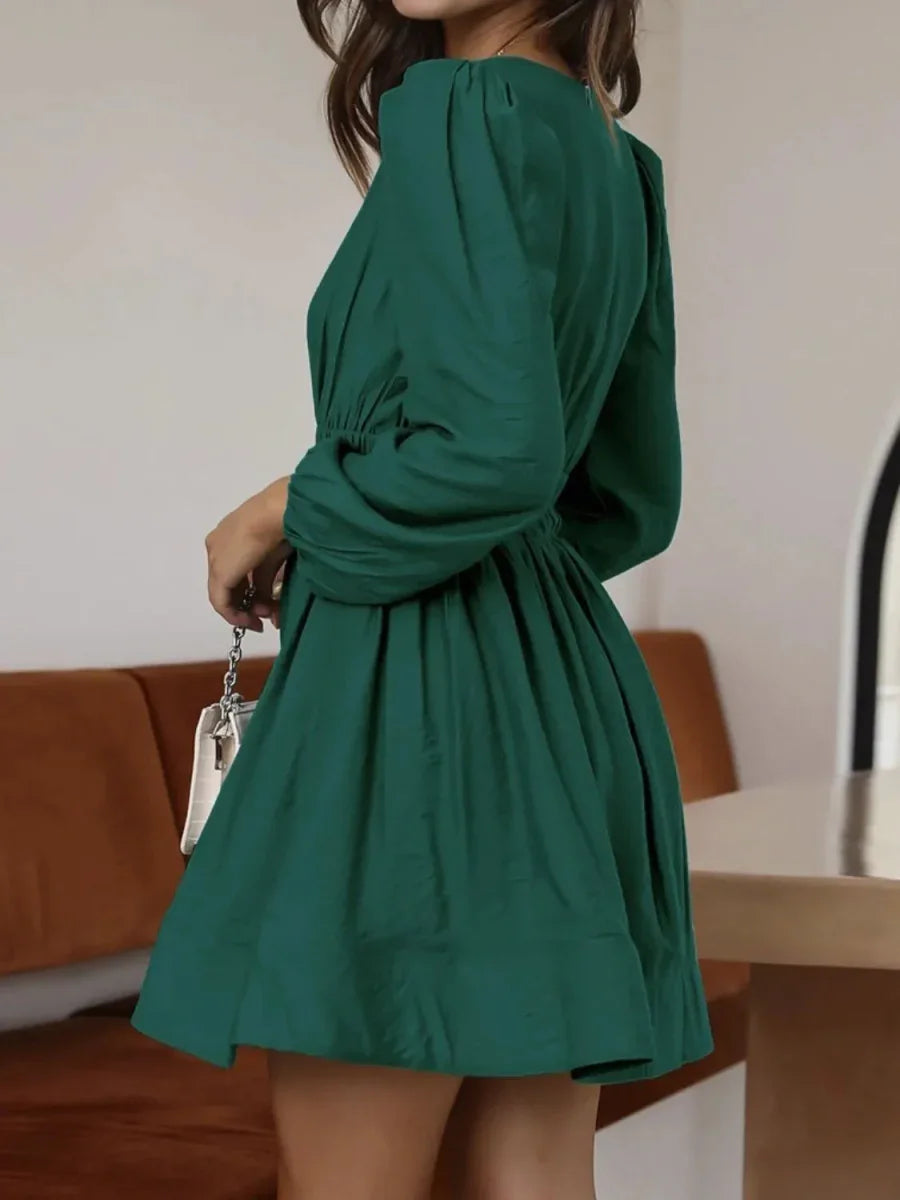 Ruched V-Neck Balloon Sleeve Mini Dress - minbolu -