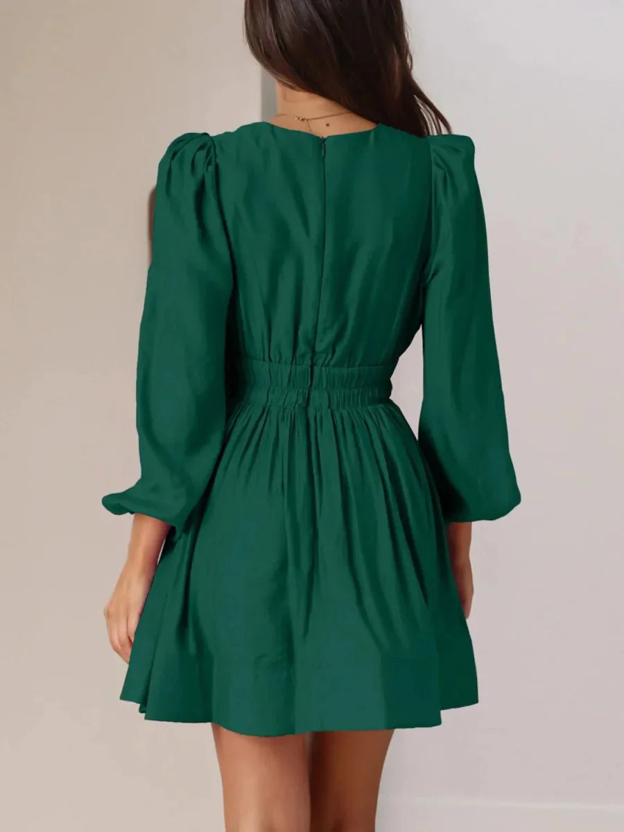 Ruched V-Neck Balloon Sleeve Mini Dress - minbolu -