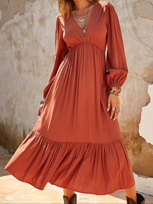 Ruched V-Neck Midi Dress with Ruffles - minbolu -