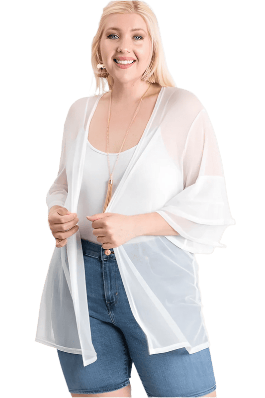 Ruffle Sleeve Open Cardigan Ivory 1XL 2XL 3XL - minbolu -