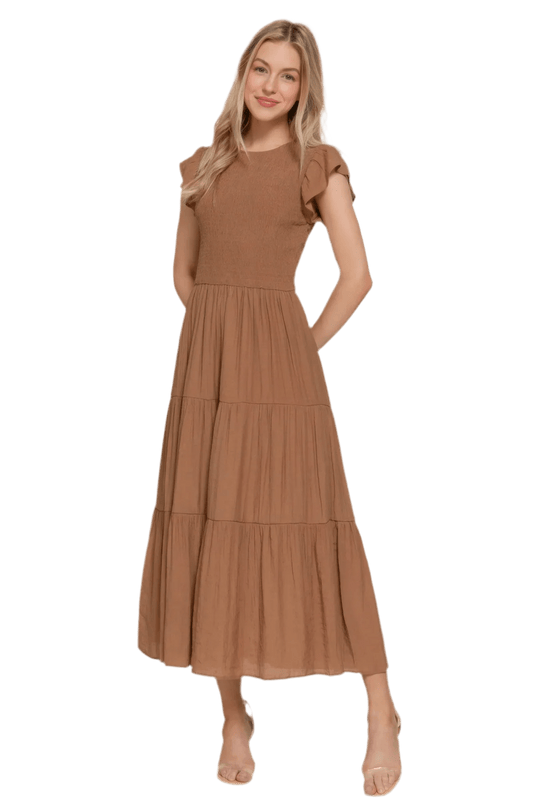 Ruffle Sleeve Smocked Tiered Dress - minbolu -