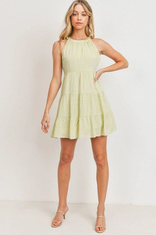Sage Swiss Dot Halter Dress | Sleeveless & Elegant - minbolu -