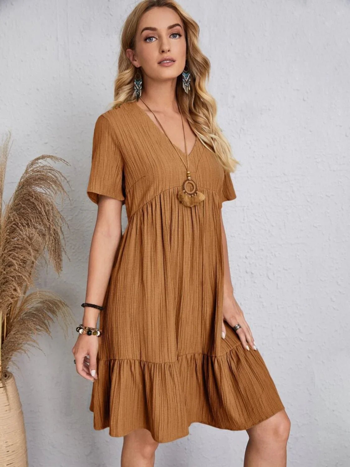 Short Sleeve Knee-Length Boho Dress - minbolu -