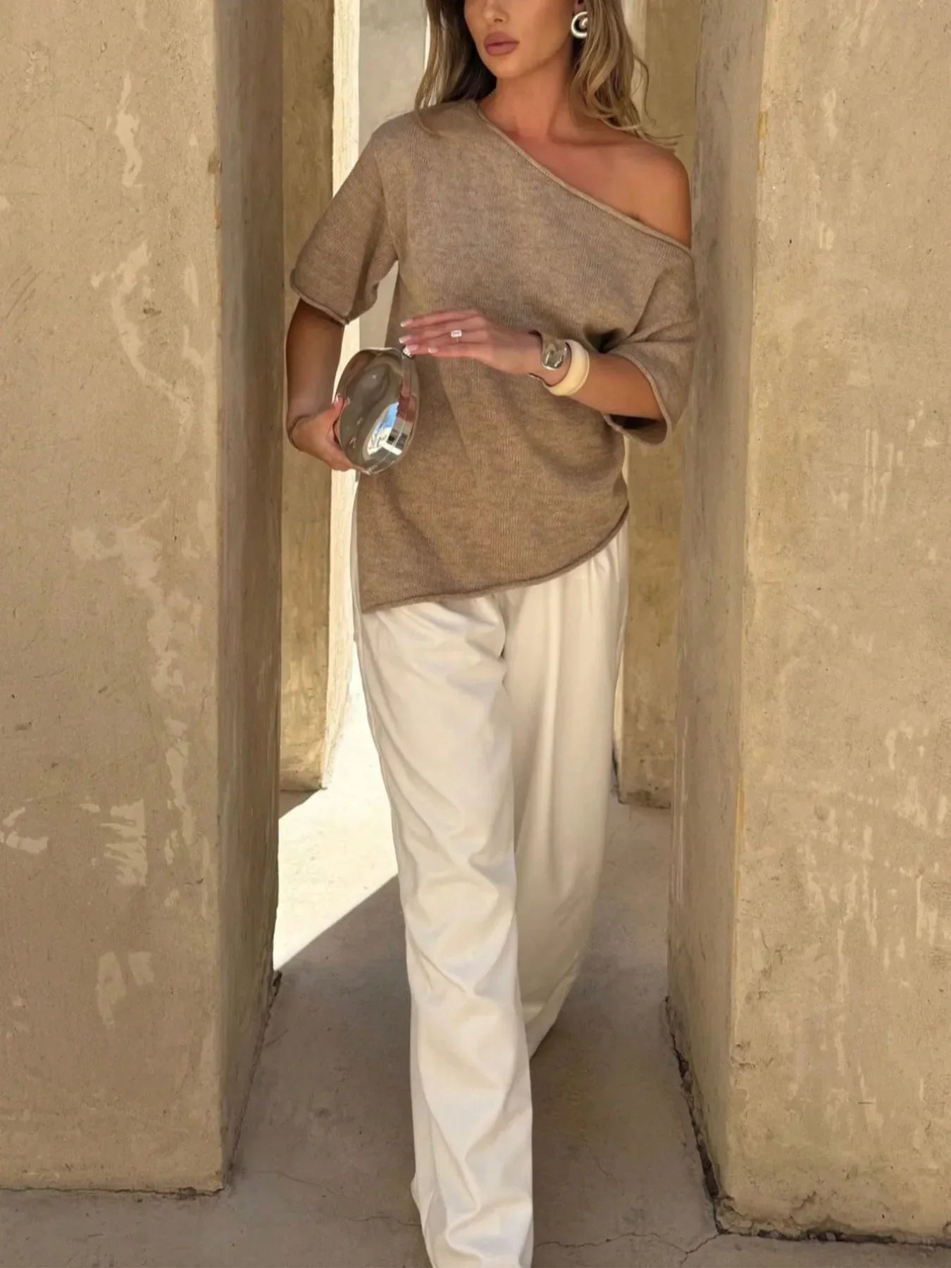 Single Shoulder Knit Top – Relaxed Fit, Italian Style - minbolu